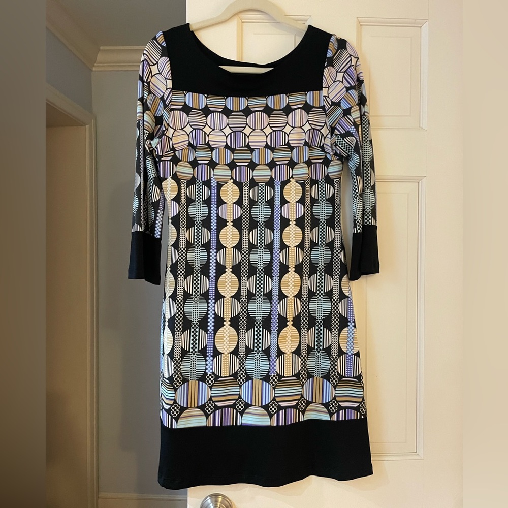 Monaco nights, long sleeve pattern midi dress, size small